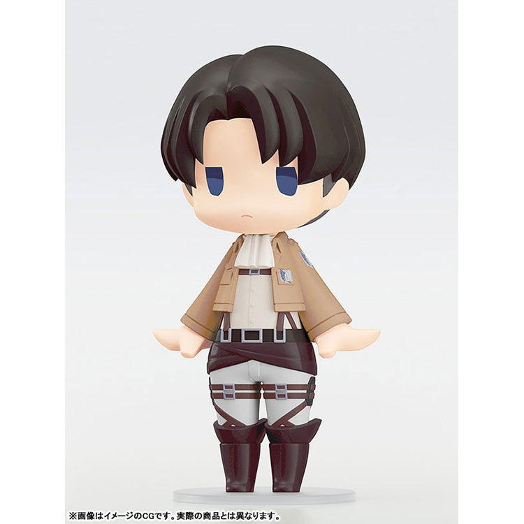 Levi HELLO! GOOD SMILE Attack on Titan figure, three-quarter view showing Survey Corps emblem on sleeve, on clear stand