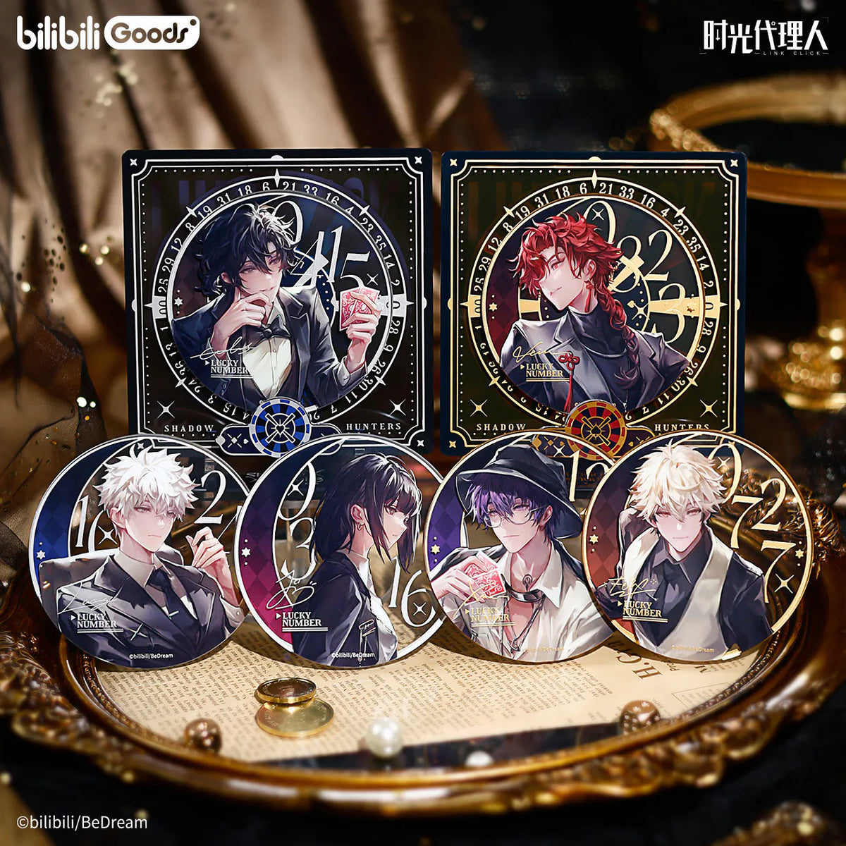 Link Click Shadow Hunters A and B sets, Cheng Xiaoshi on blue stand, red-haired character on gold stand, six plates
