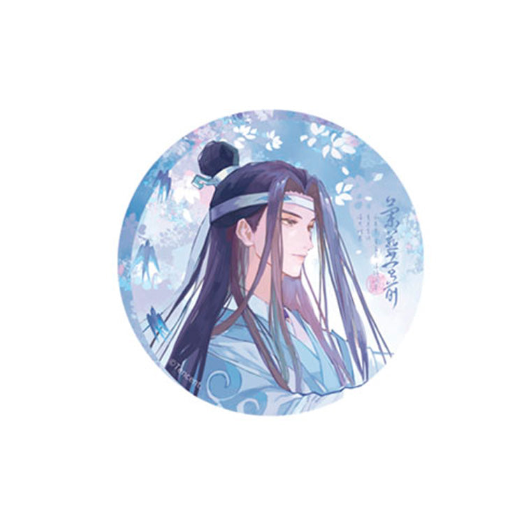 Mo Dao Zu Shi Lan Yan Tang Qian Ver. tin badge set featuring Wei Wuxian and Lan Wangji in elegant floral blue background, official anime merchandise.