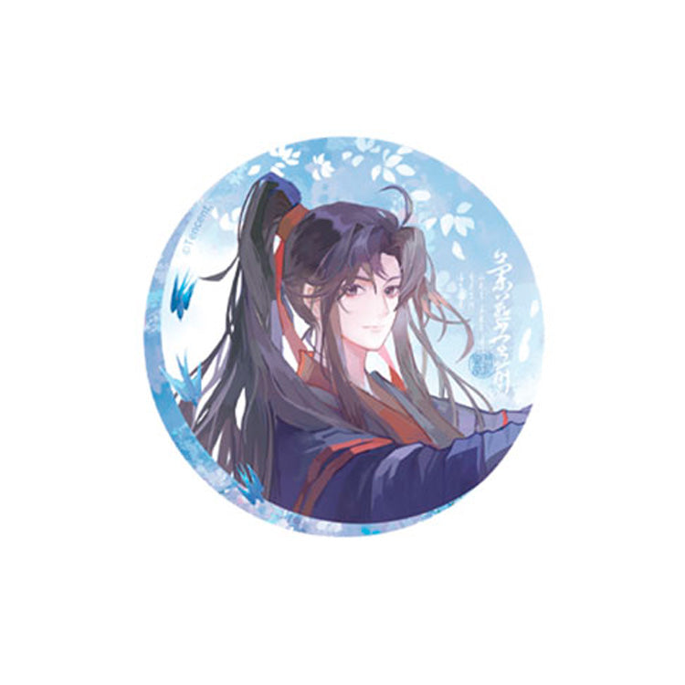 Mo Dao Zu Shi Lan Yan Tang Qian Ver. tin badge set featuring Wei Wuxian and Lan Wangji in elegant floral blue background, official anime merchandise.