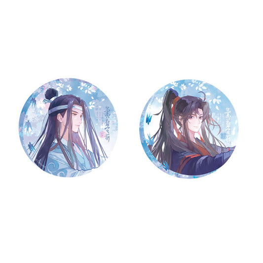 Mo Dao Zu Shi Lan Yan Tang Qian Ver. tin badge set featuring Wei Wuxian and Lan Wangji in elegant floral blue background, official anime merchandise.