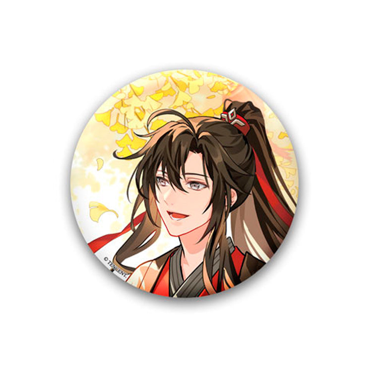 Mo Dao Zu Shi Qiu Zui Wei Yang Ver. Tin Badge Set featuring Wei Wuxian and Lan Wangji with autumn-inspired backgrounds and elegant designs.