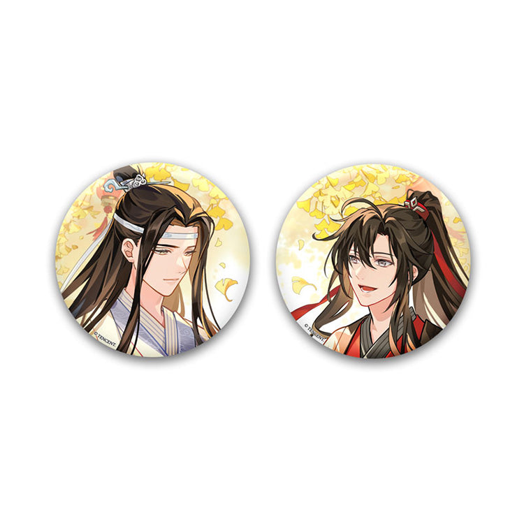Mo Dao Zu Shi Qiu Zui Wei Yang Ver. Tin Badge Set featuring Wei Wuxian and Lan Wangji with autumn-inspired backgrounds and elegant designs.