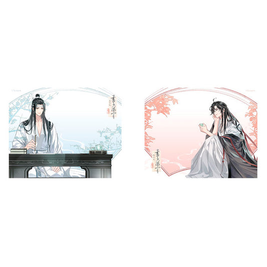 Mo Dao Zu Shi Shu Xiang Man Shi Ver. Acrylic Clear Card Set featuring Lan Wangji and Wei Wuxian sitting in serene, traditional Chinese-inspired backgrounds.