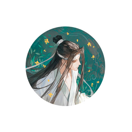Mo Dao Zu Shi Shui Zhong Ying Ver. tin badge set featuring Wei Wuxian and Lan Wangji in white robes with underwater floral background, official anime merchandise.