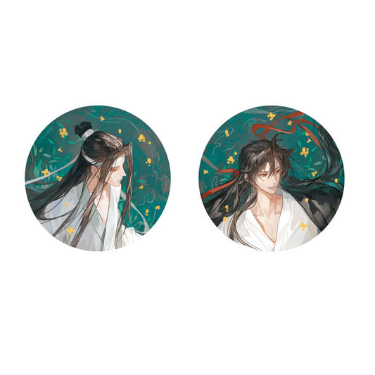 Mo Dao Zu Shi Shui Zhong Ying Ver. tin badge set featuring Wei Wuxian and Lan Wangji in white robes with underwater floral background, official anime merchandise.