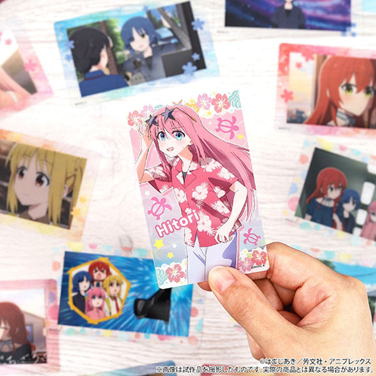 Close-up of a Bocchi the Rock! Memorial Clear Card featuring Hitori Gotoh (Bocchi) in a summer illustration, made of transparent PET material.