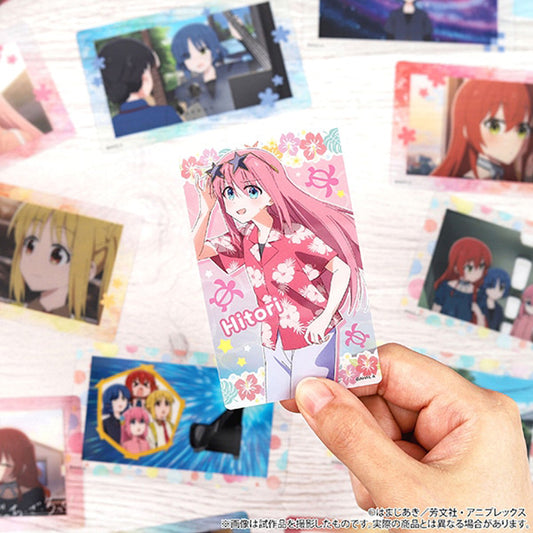 Close-up of a Bocchi the Rock! Memorial Clear Card featuring Hitori Gotoh (Bocchi) in a summer illustration, made of transparent PET material.