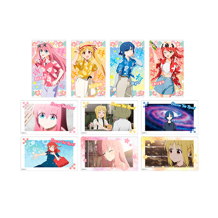 A collection of 18 different Bocchi the Rock! clear cards showing Hitori Gotoh, Nijika Ijichi, Ryo Yamada, and Ikuyo Kita in summer-themed outfits.