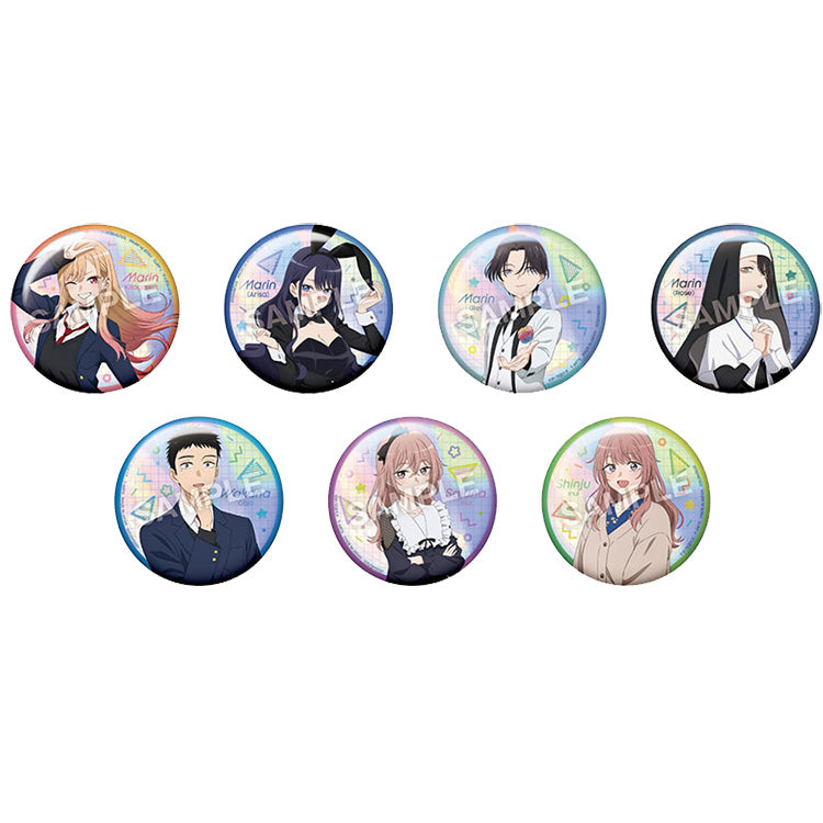 My Dress-Up Darling Shine Trading Can Badge packaging featuring 76mm glitter-style character badges from the anime’s popular lineup.