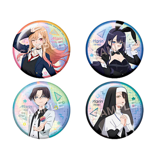 My Dress-Up Darling Shine Trading Can Badge packaging featuring 76mm glitter-style character badges from the anime’s popular lineup.