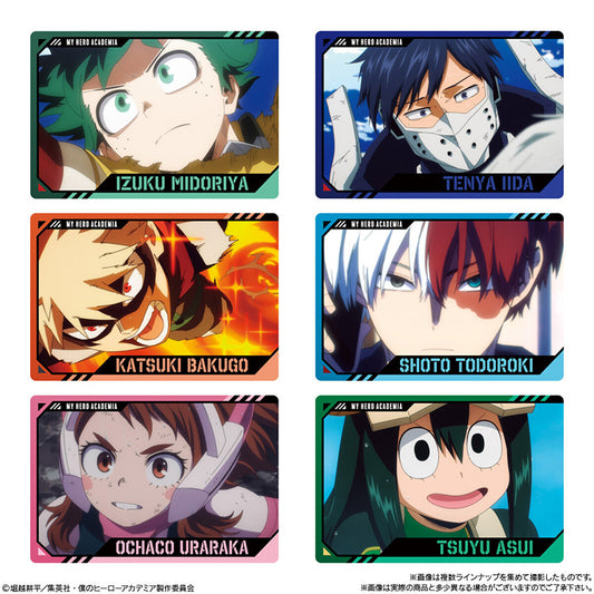 My Hero Academia Wafer 4 metallic PET cards featuring Izuku Midoriya, Katsuki Bakugo, and Shoto Todoroki anime art.