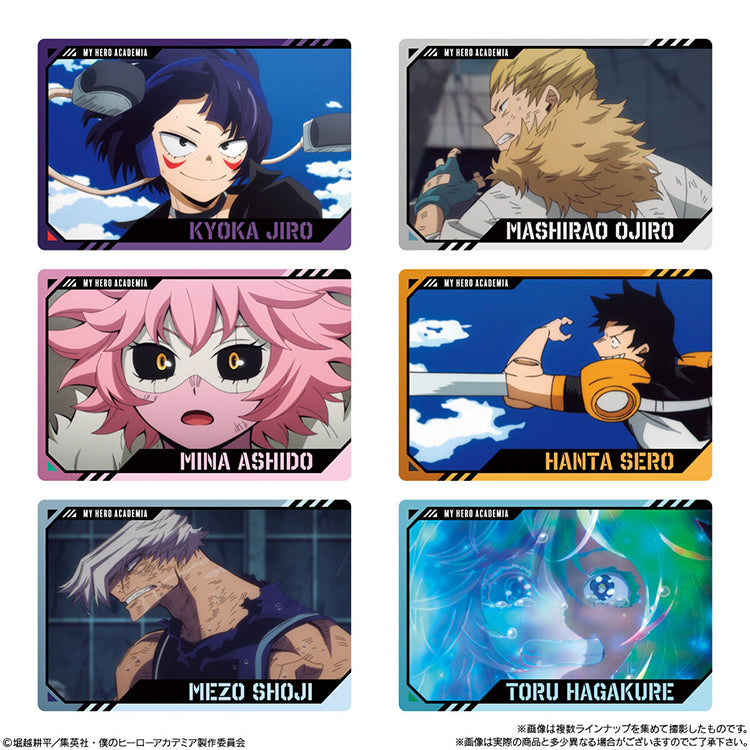 My Hero Academia Wafer 4 metallic trading cards featuring Kyoka Jiro, Mina Ashido, and Class 1-A heroes in anime scenes.