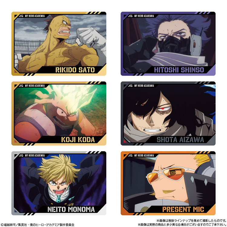 My Hero Academia Wafer 4 metallic trading cards featuring Aizawa, Shinso, Monoma, and more in action-packed anime scenes.