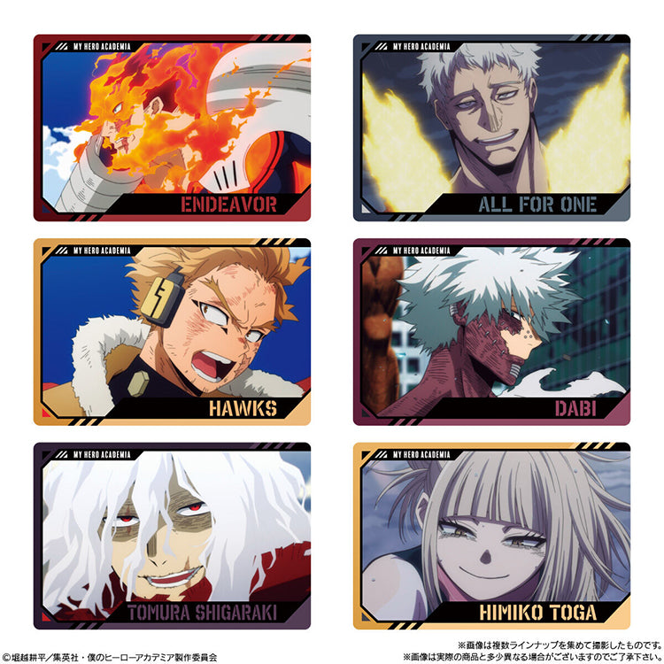 Set of 6 metallic My Hero Academia Wafer 4 character cards including Endeavor, Hawks, Dabi, and Himiko Toga.