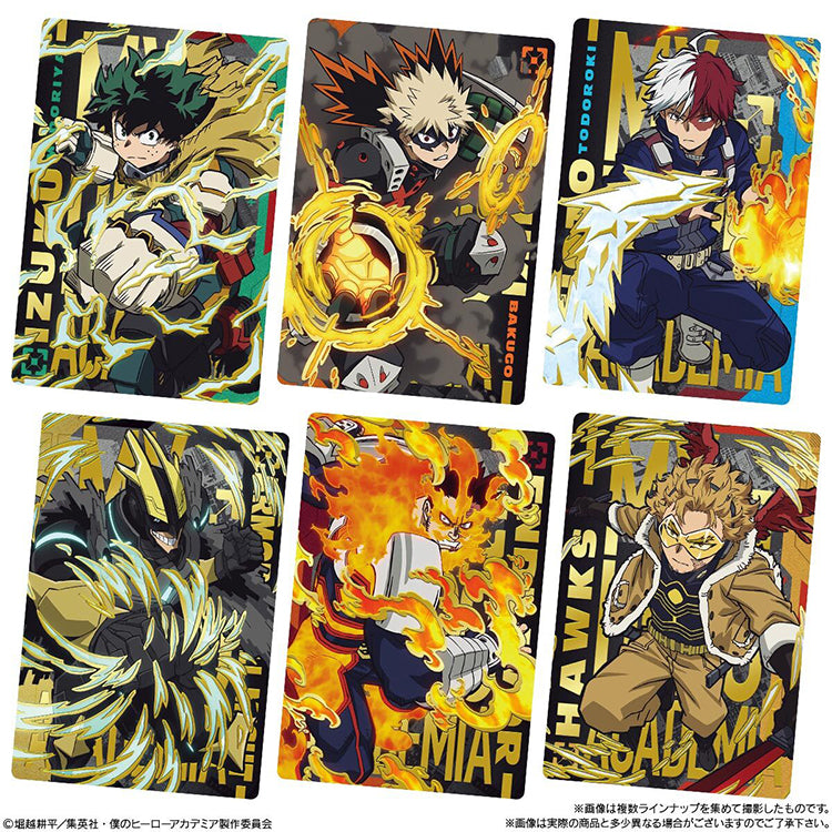 6 My Hero Academia Wafer 4 UR metallic cards featuring Deku, Bakugo, Todoroki, Endeavor, Hawks, and Armored All Might.