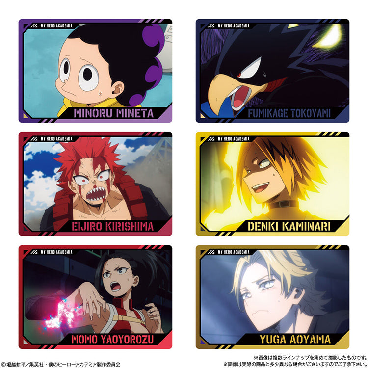Six My Hero Academia Wafer 4 metallic cards featuring Kirishima, Kaminari, Momo Yaoyorozu, and other Class 1-A heroes.