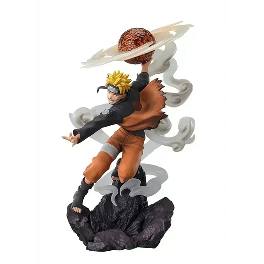 Figuarts ZERO Extra Battle Naruto Uzumaki Sage Mode figure, posed while unleashing the Lava Release Rasenshuriken, with dynamic energy effects, swirling smoke, and flowing clothing in a 360-degree sculpt.