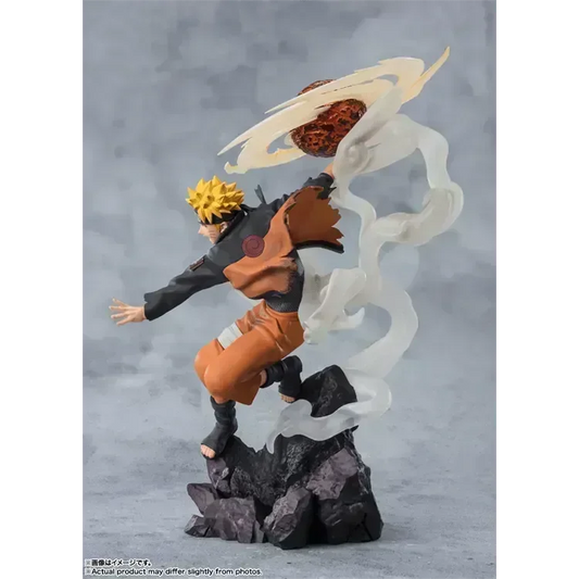 Figuarts ZERO Extra Battle Naruto Uzumaki Sage Mode figure, posed while unleashing the Lava Release Rasenshuriken, with dynamic energy effects, swirling smoke, and flowing clothing in a 360-degree sculpt.