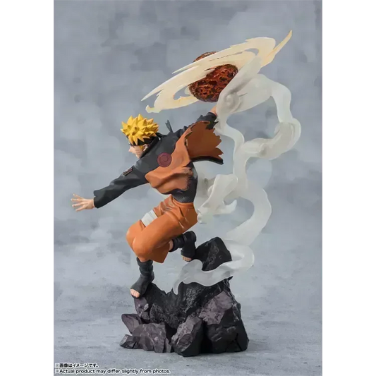 Figuarts ZERO Extra Battle Naruto Uzumaki Sage Mode figure, posed while unleashing the Lava Release Rasenshuriken, with dynamic energy effects, swirling smoke, and flowing clothing in a 360-degree sculpt.