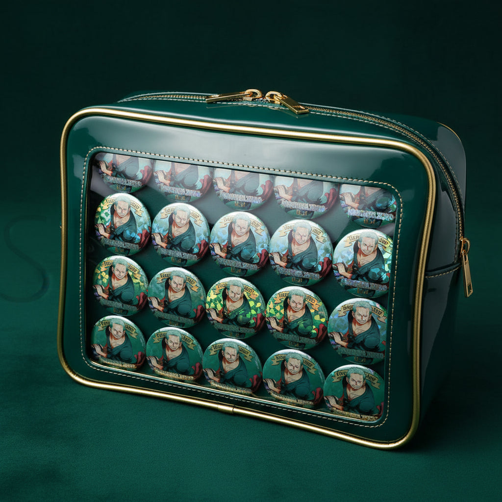A round pin-back button badge featuring the anime character Roronoa Zoro from One Piece, with a holographic green and blue background and a gold banner reading 'Happy Birthday'.