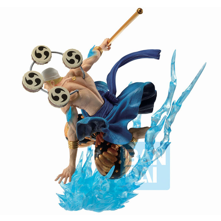 Bandai Spirits Ichibansho Enel Duel Memories One Piece statue with blue lightning effects and Raijin drums.