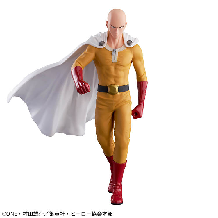 Grandista 27 cm Saitama figure from One Punch Man featuring serious-mode expression and dynamic battle-ready pose.