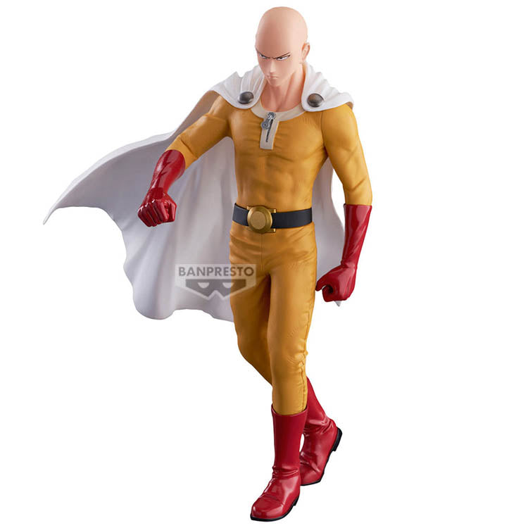 Grandista 27 cm Saitama figure from One Punch Man featuring serious-mode expression and dynamic battle-ready pose.