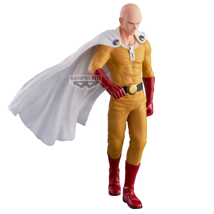 Grandista 27 cm Saitama figure from One Punch Man featuring serious-mode expression and dynamic battle-ready pose.