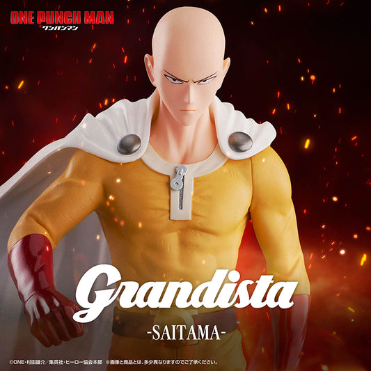 Grandista 27 cm Saitama figure from One Punch Man featuring serious-mode expression and dynamic battle-ready pose.