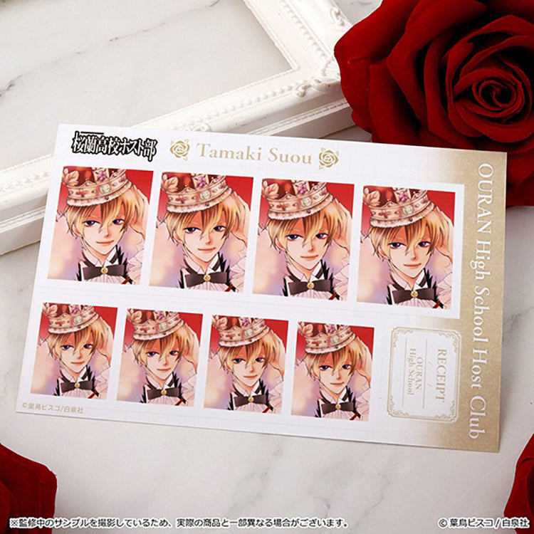 Ouran High School Host Club ID Photo Booth Trading Bromides featuring Tamaki Suoh,Anime merchandise collectible sheets with multiple photo-style portraits arranged on a marble background with red roses.