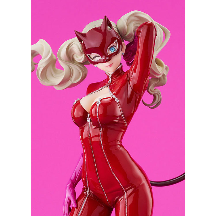 Upper-body detail of Panther figure's cat-ear mask, blue eyes and sculpted blonde hair, Persona 5 Royal anime figure