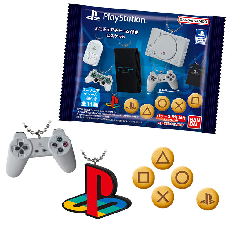 PlayStation Miniature Charm Biscuits featuring PS1, PS2 console keychains, controllers, and symbol-embossed butter cookies.