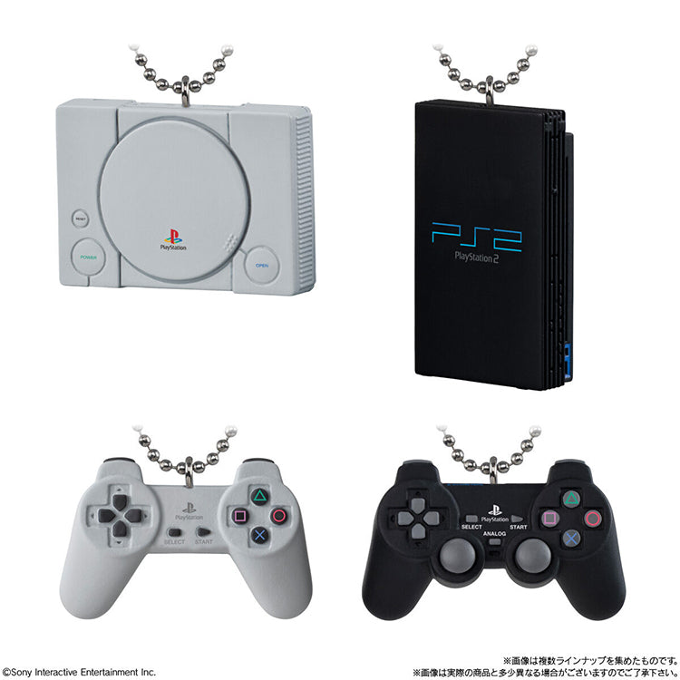 Miniature PS1, PS2, and DualShock controller charms with ball chains for the PlayStation Charm Biscuits set.