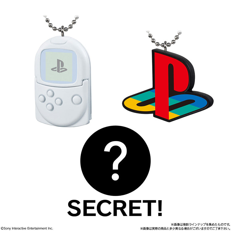 Sony PlayStation Miniature Charms featuring a white PocketStation, classic color logo, and a secret mystery item.