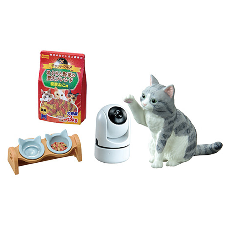 Re-Ment Petit Sample ‘Life with Cats’ miniature blind box set featuring detailed cat-themed household scenes, including a cat tower, table with sleeping cat, pet carrier, laptop desk, cat food area, litter box, cardboard play box, and floor chair relaxation setup; 8 collectible designs displayed in a cozy home diorama.