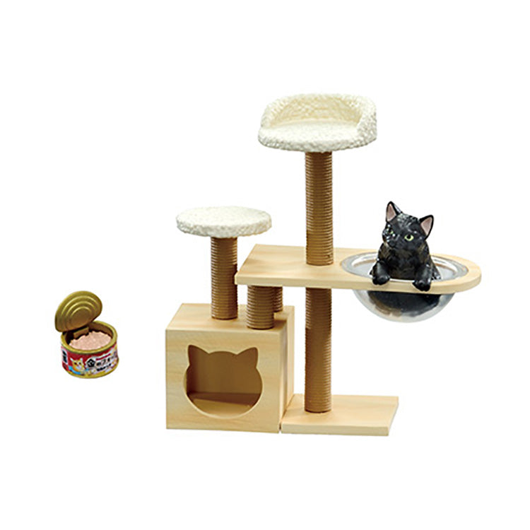 Re-Ment Petit Sample ‘Life with Cats’ miniature blind box set featuring detailed cat-themed household scenes, including a cat tower, table with sleeping cat, pet carrier, laptop desk, cat food area, litter box, cardboard play box, and floor chair relaxation setup; 8 collectible designs displayed in a cozy home diorama.