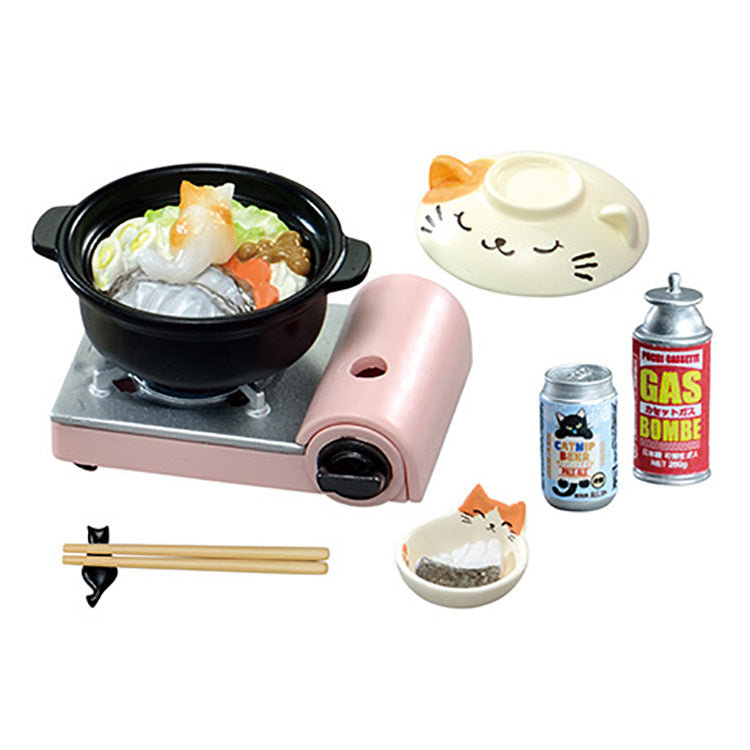 Re-Ment Petit Sample ‘Life with Cats’ miniature blind box set featuring detailed cat-themed household scenes, including a cat tower, table with sleeping cat, pet carrier, laptop desk, cat food area, litter box, cardboard play box, and floor chair relaxation setup; 8 collectible designs displayed in a cozy home diorama.