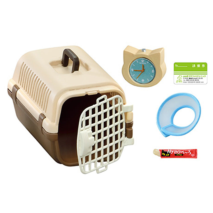 Re-Ment Petit Sample ‘Life with Cats’ miniature blind box set featuring detailed cat-themed household scenes, including a cat tower, table with sleeping cat, pet carrier, laptop desk, cat food area, litter box, cardboard play box, and floor chair relaxation setup; 8 collectible designs displayed in a cozy home diorama.