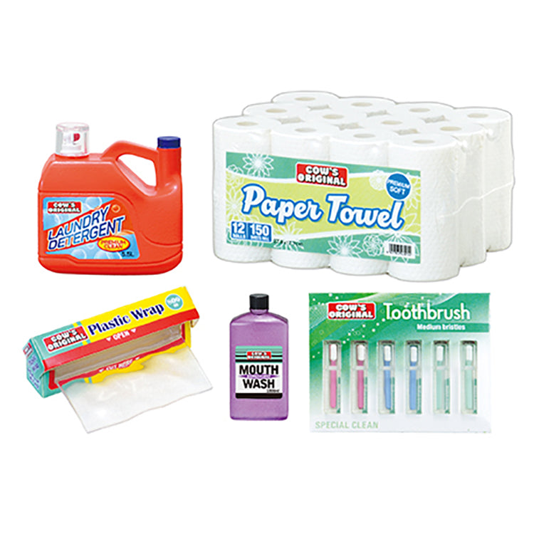 Re-Ment Puchi Sample Series COW’S MART miniatures featuring grocery items, snacks, home goods, and discount store-themed accessories.