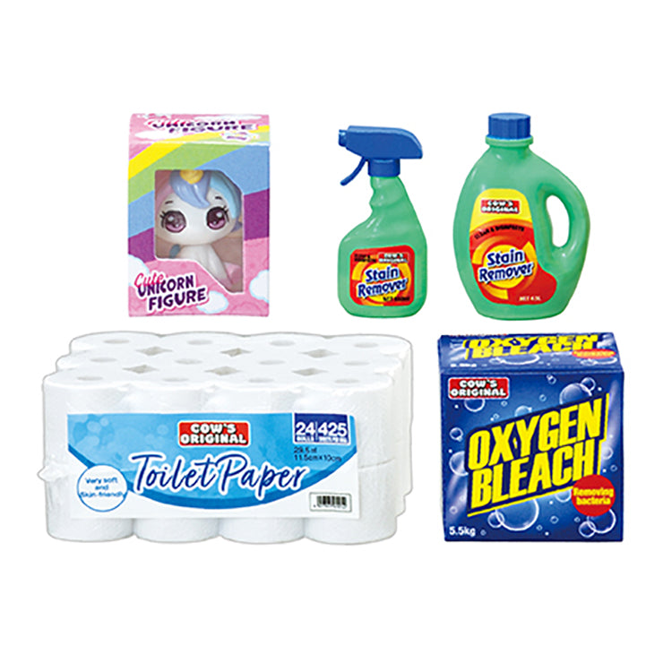 Re-Ment Puchi Sample Series COW’S MART miniatures featuring grocery items, snacks, home goods, and discount store-themed accessories.