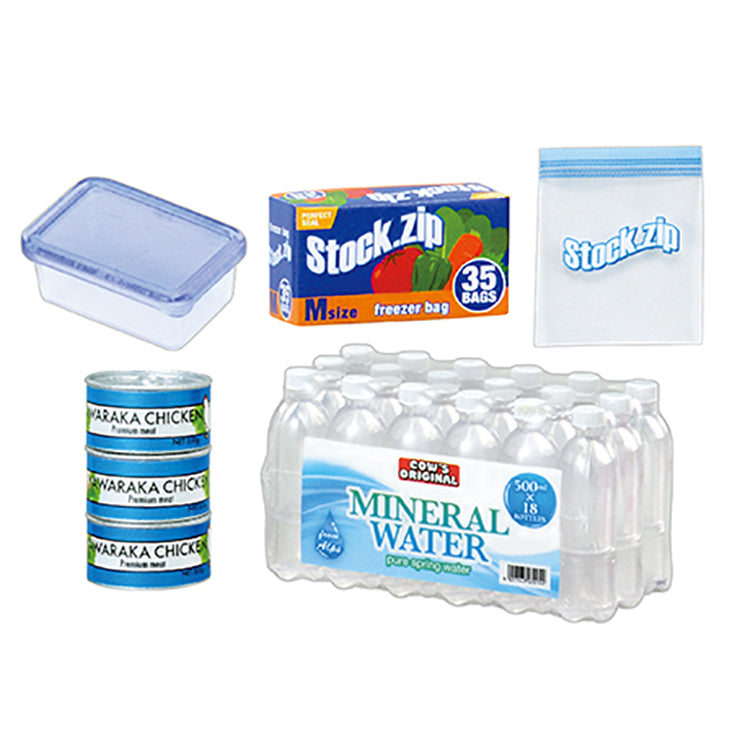 Re-Ment Puchi Sample Series COW’S MART miniatures featuring grocery items, snacks, home goods, and discount store-themed accessories.