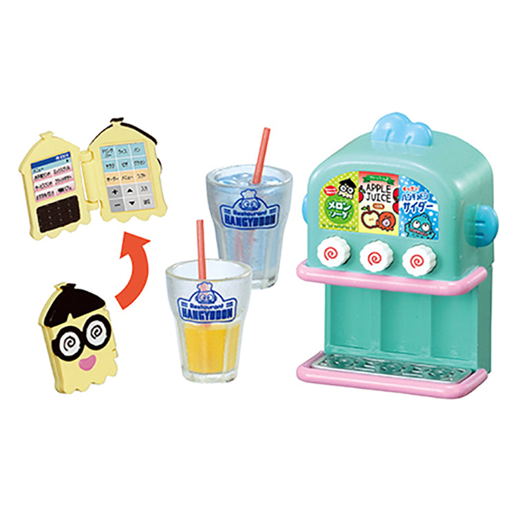 Re-Ment Sanrio Family Restaurant Hangyodon miniature food sets including breakfast plates, kids’ meals, pasta, parfaits, and drink bar items.
