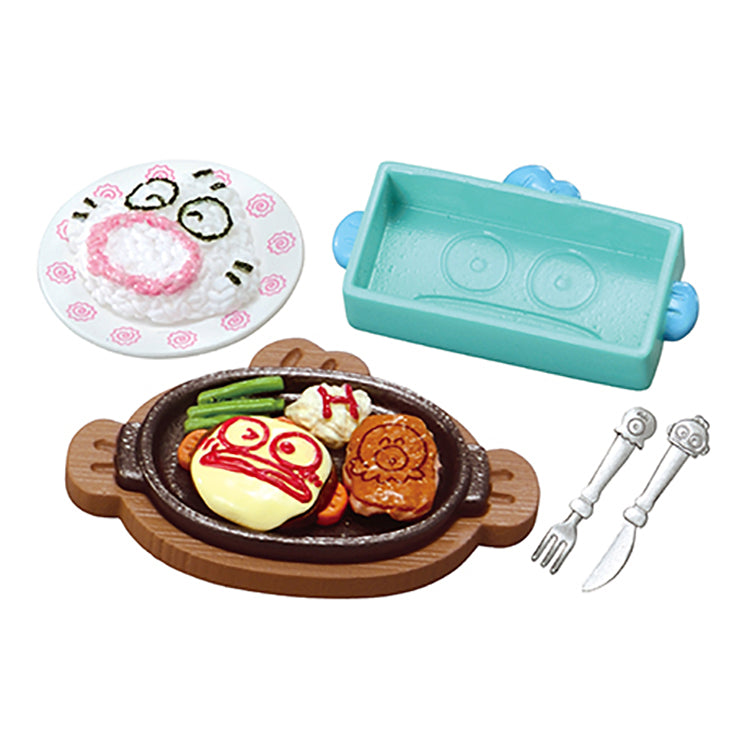 Re-Ment Sanrio Family Restaurant Hangyodon miniature food sets including breakfast plates, kids’ meals, pasta, parfaits, and drink bar items.