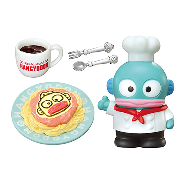Re-Ment Sanrio Family Restaurant Hangyodon miniature food sets including breakfast plates, kids’ meals, pasta, parfaits, and drink bar items.