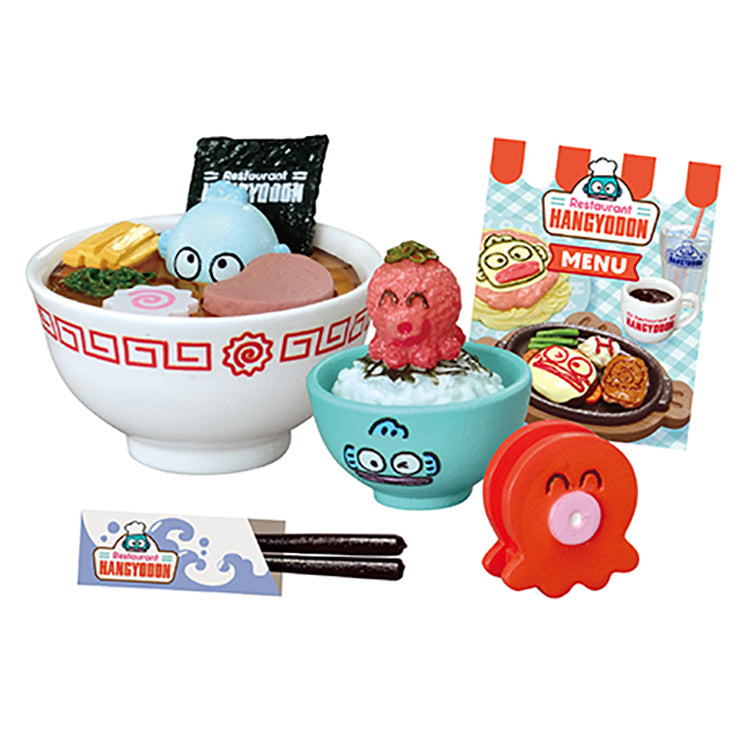 Re-Ment Sanrio Family Restaurant Hangyodon miniature food sets including breakfast plates, kids’ meals, pasta, parfaits, and drink bar items.