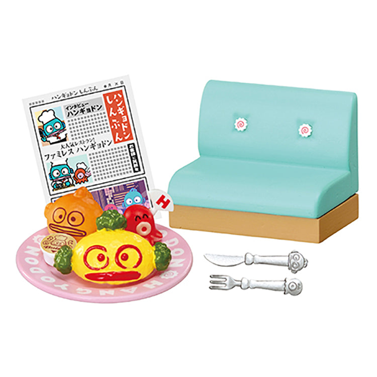 Re-Ment Sanrio Family Restaurant Hangyodon miniature food sets including breakfast plates, kids’ meals, pasta, parfaits, and drink bar items.