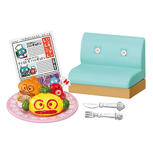 Re-Ment Sanrio Family Restaurant Hangyodon miniature food sets including breakfast plates, kids’ meals, pasta, parfaits, and drink bar items.