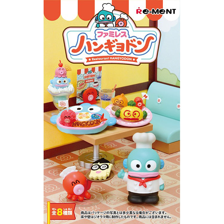 Re-Ment Sanrio Family Restaurant Hangyodon miniature food sets including breakfast plates, kids’ meals, pasta, parfaits, and drink bar items.