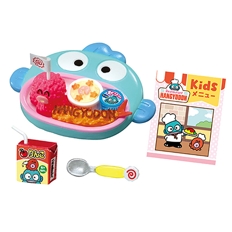 Re-Ment Sanrio Family Restaurant Hangyodon miniature food sets including breakfast plates, kids’ meals, pasta, parfaits, and drink bar items.